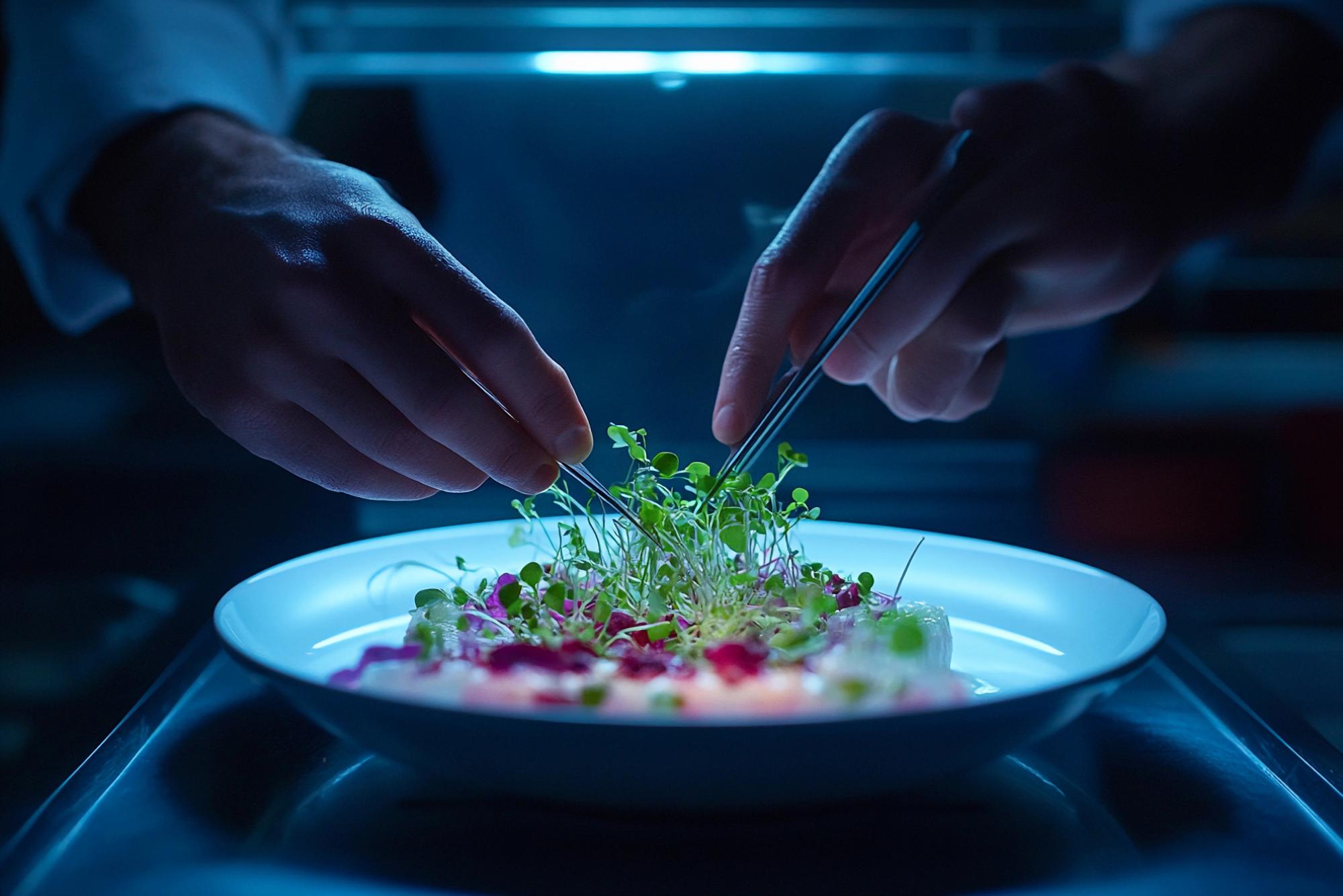 Chef preparing modern plated dish with tech lighting